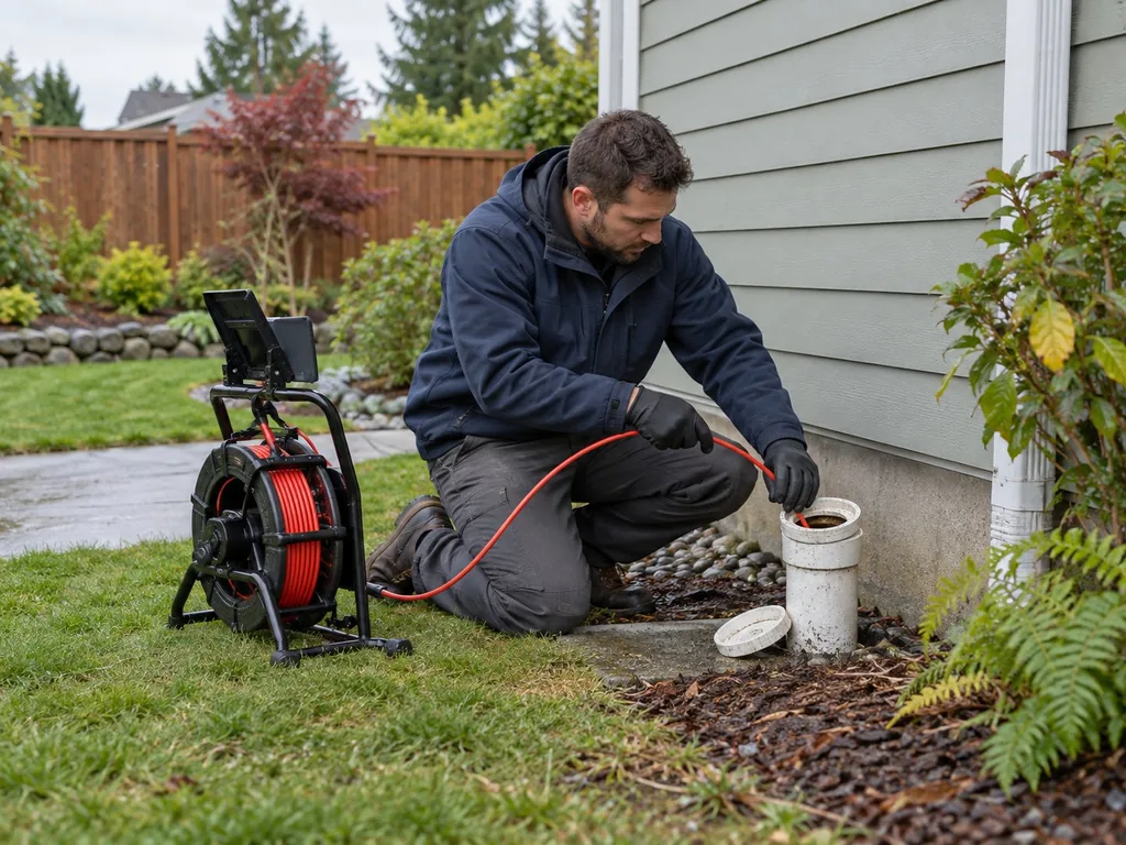 Plumber inspecting a residential sewer cleanout with a camera