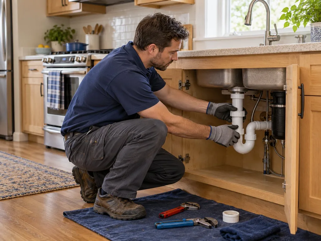 Plumber repairing a kitchen sink drain