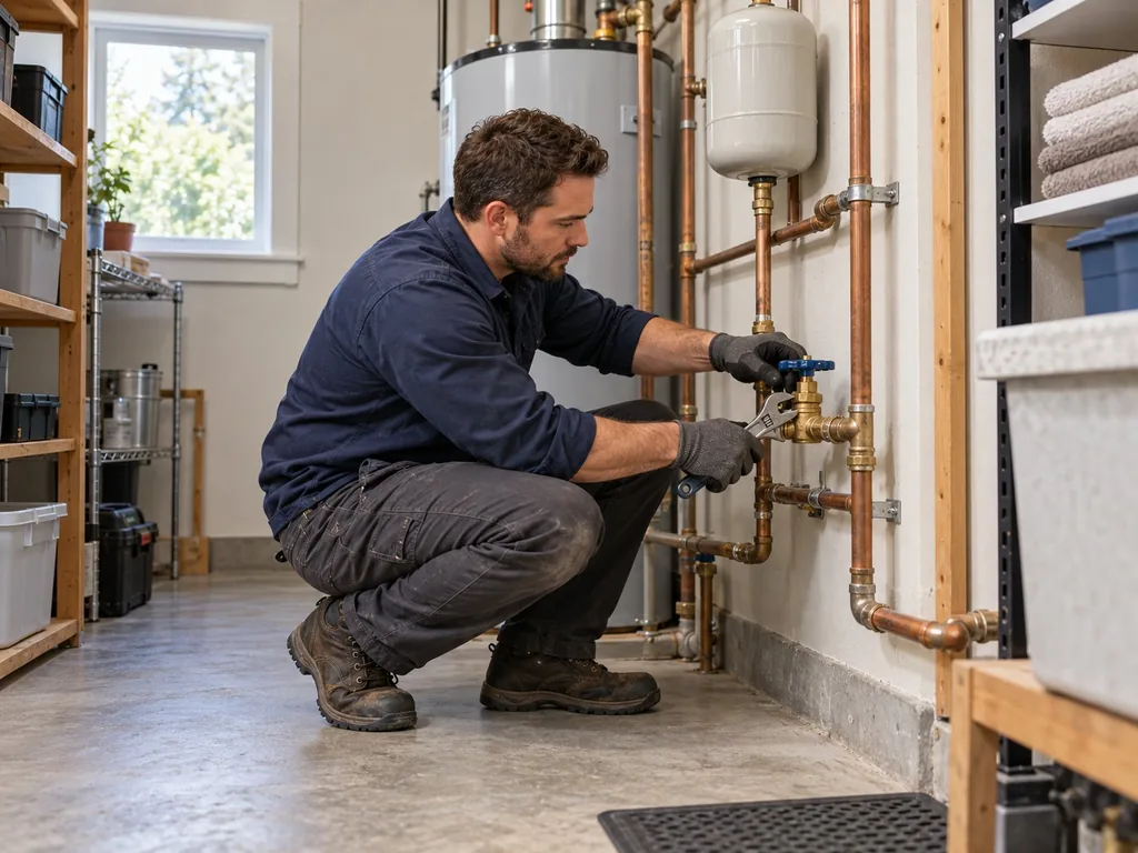 Plumber servicing a residential water-supply valve