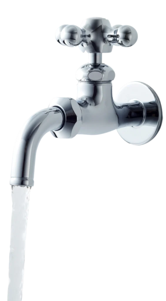 Chrome faucet with two handles, water flowing from spout.