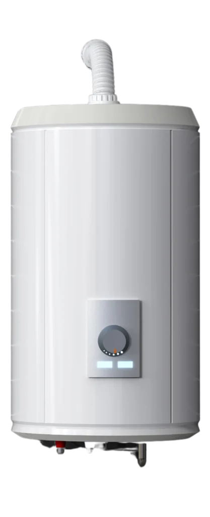 White cylindrical hot water heater with control panel and vent.