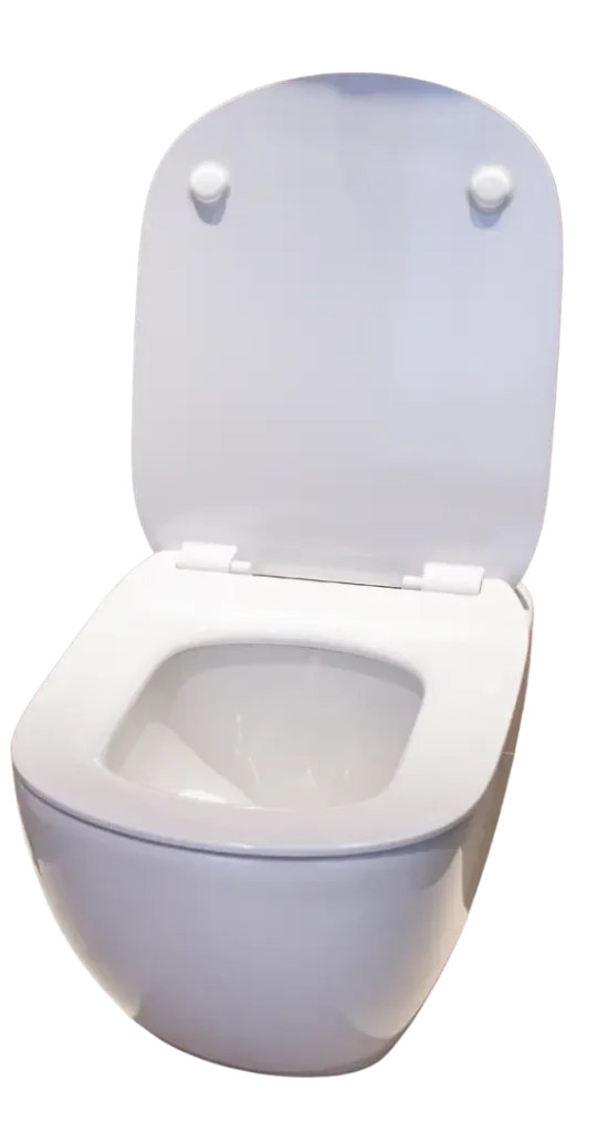 White toilet with open lid on black background.