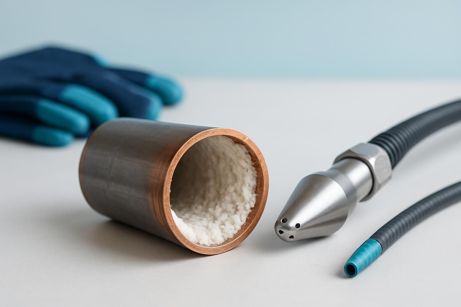 Copper pipe section with white mineral scale buildup inside