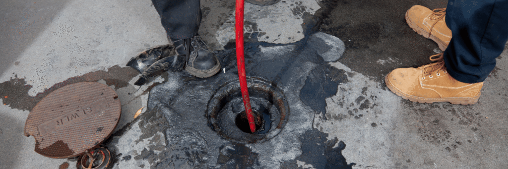 Red hose inserted into open manhole, workers’ boots nearby