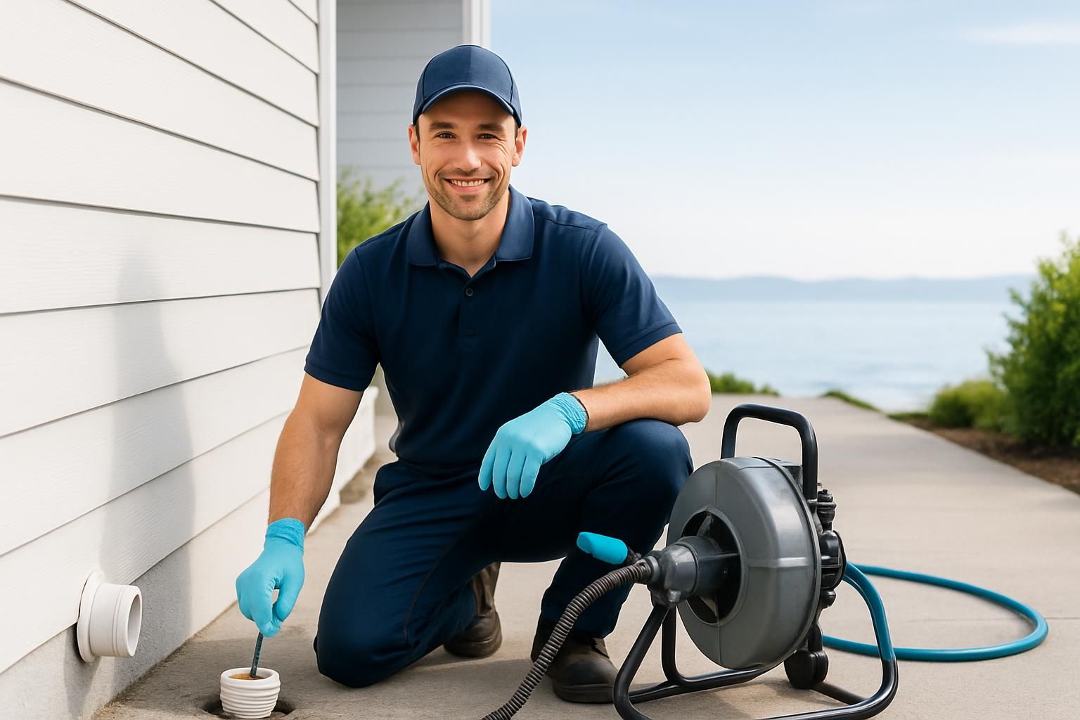 Worker kneeling with drain snake machine by cleanout pipe