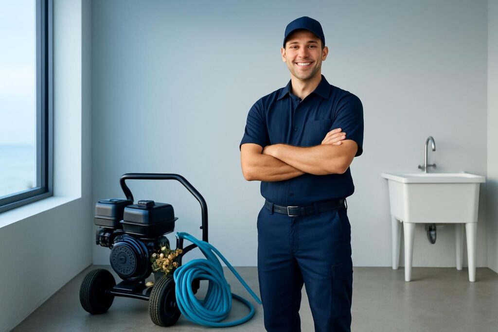 Smiling plumber standing beside hydro jetting machine and hose