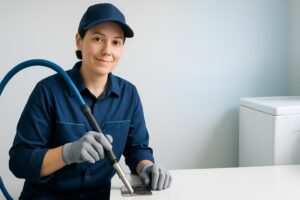 Plumber in blue uniform holding hose at floor drain