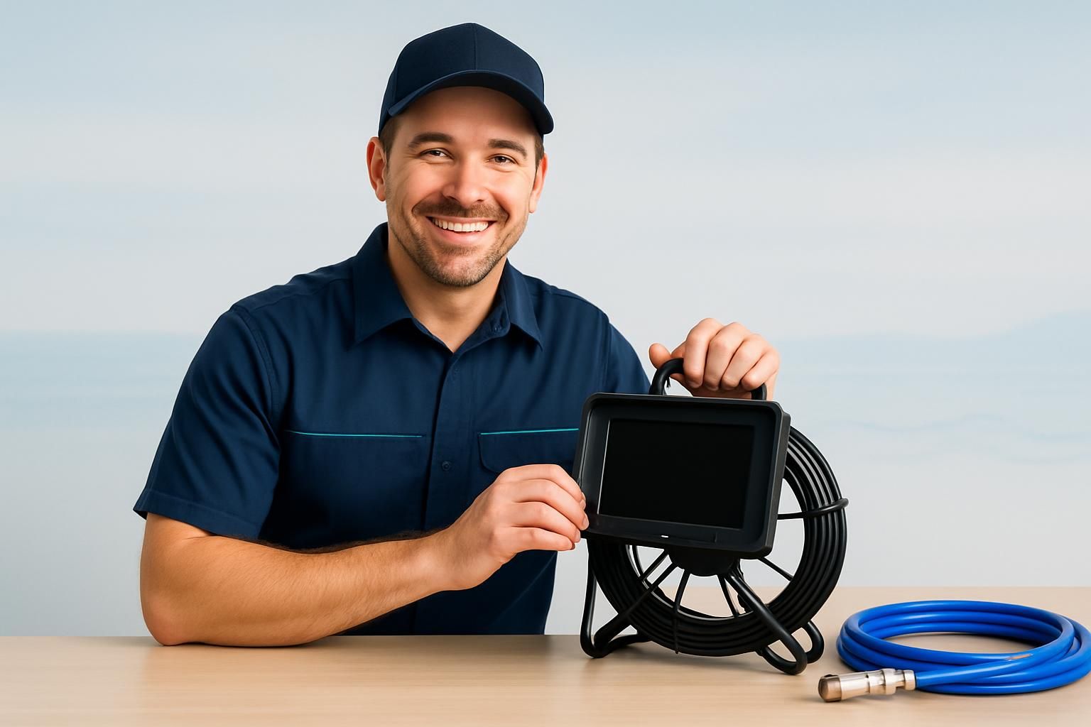 Smiling technician holding sewer inspection camera monitor and cable reel