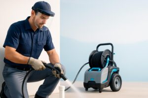 Worker spraying water from hose nozzle beside pressure washer reel