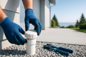 Blue-gloved hands opening white outdoor plumbing cleanout cap