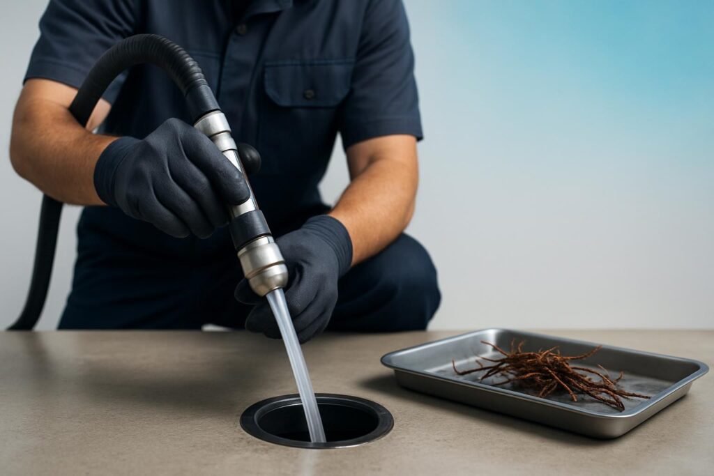 Gloved hands using hose nozzle to flush drain opening