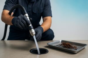 Gloved hands using hose nozzle to flush drain opening