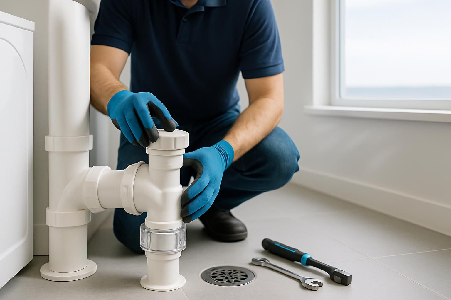 Person in blue gloves adjusting white drain pipe near floor drain