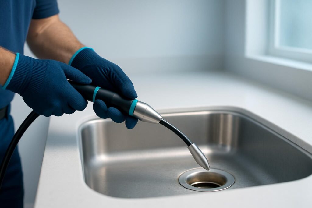 Gloved hands using drain cleaning nozzle in kitchen sink