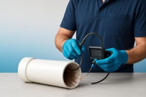 Gloved hands using inspection camera in pipe with roots