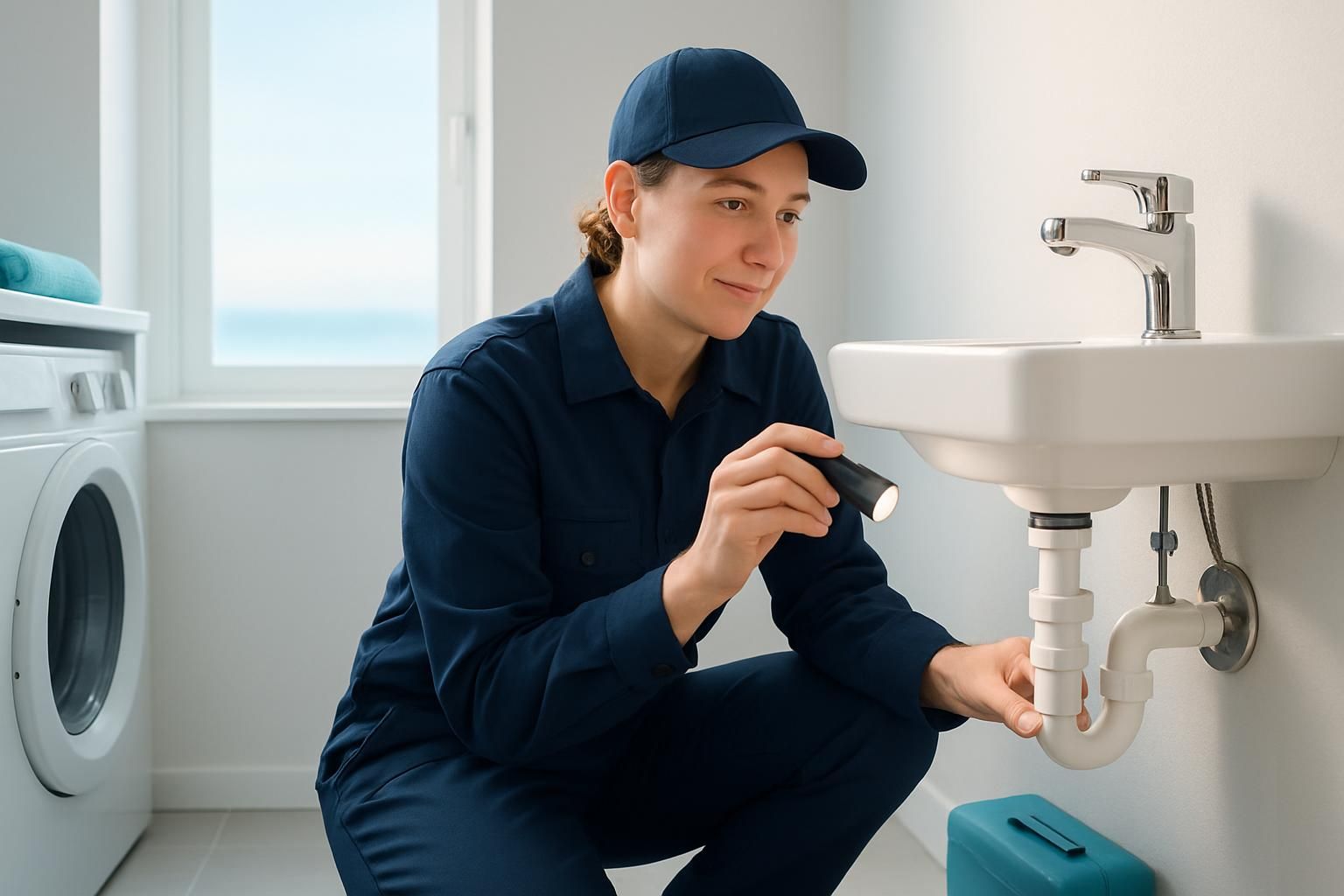 Plumber using flashlight to inspect sink drain pipe