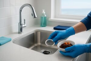 Blue-gloved hands holding sink strainer and food scraps
