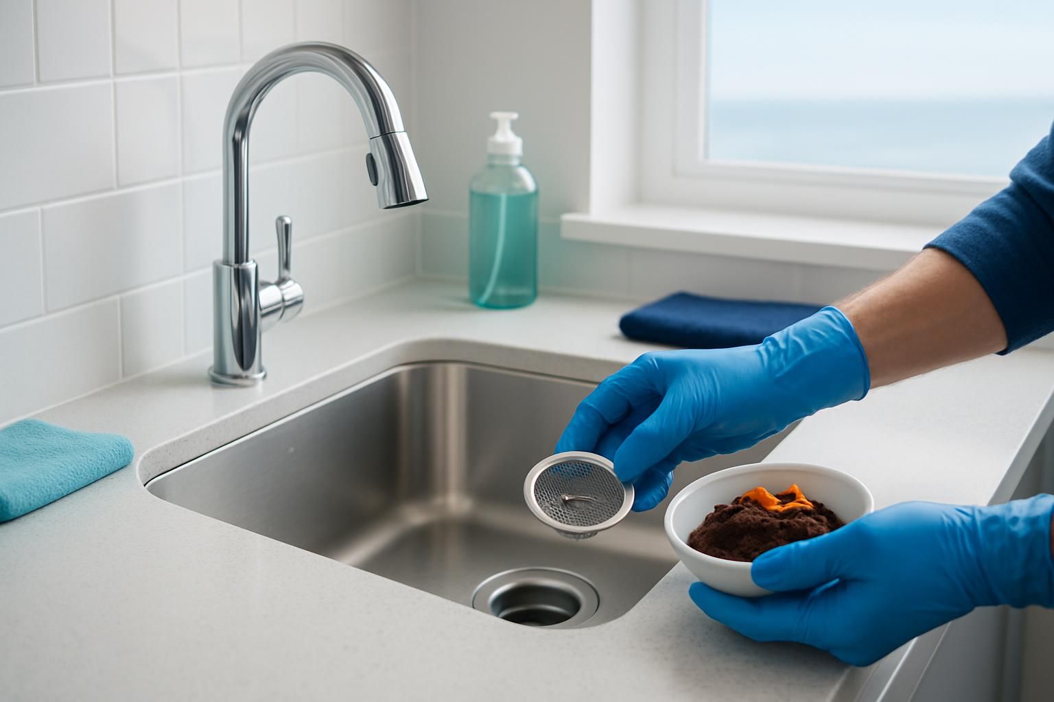 Blue-gloved hands holding sink strainer and food scraps