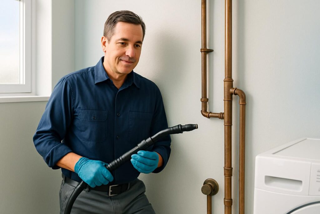 Man in blue gloves holding black hose near copper pipes