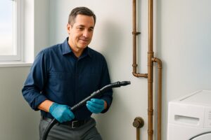 Man in blue gloves holding black hose near copper pipes