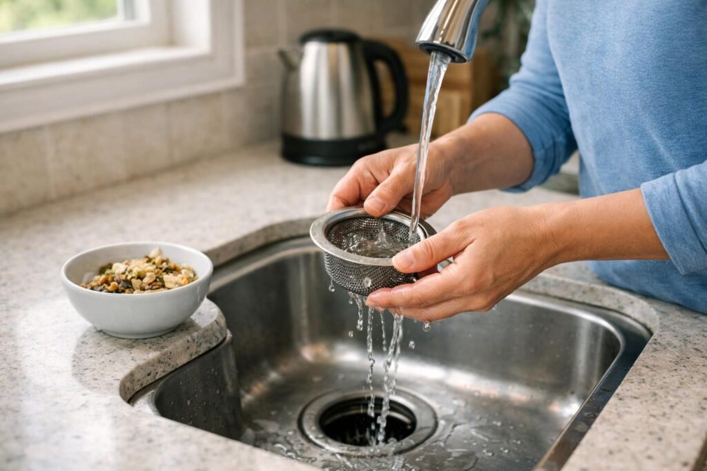 Hands rinsing metal sink strainer under running faucet