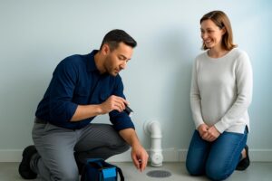 Man shining flashlight at floor drain while woman kneels nearby