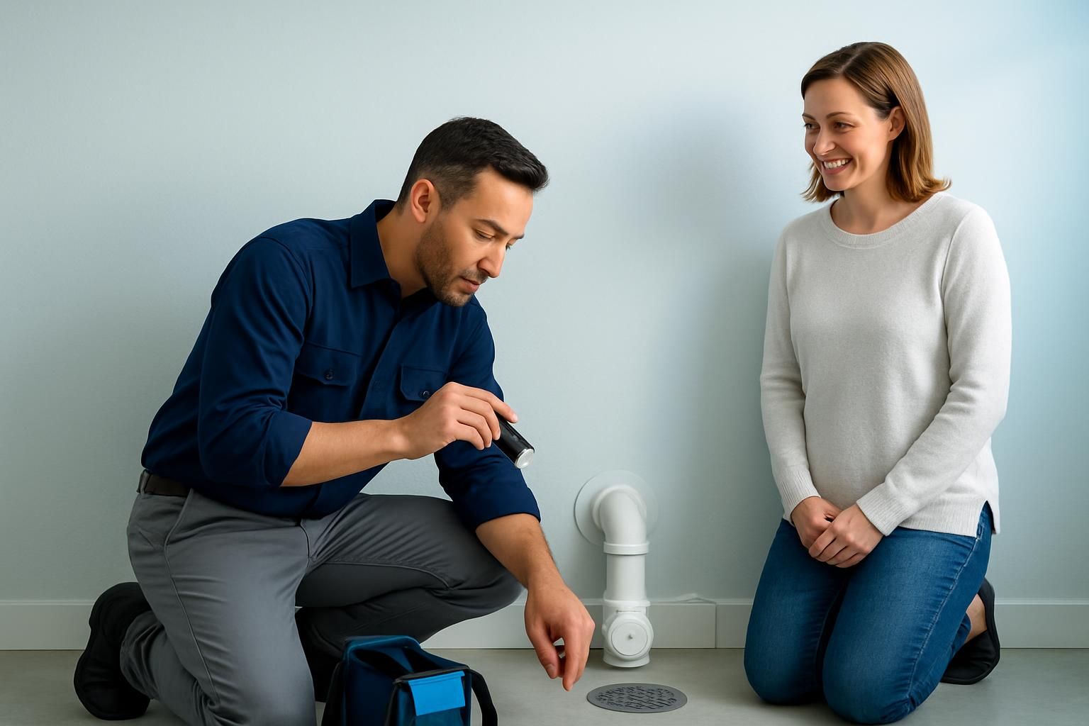 Man shining flashlight at floor drain while woman kneels nearby