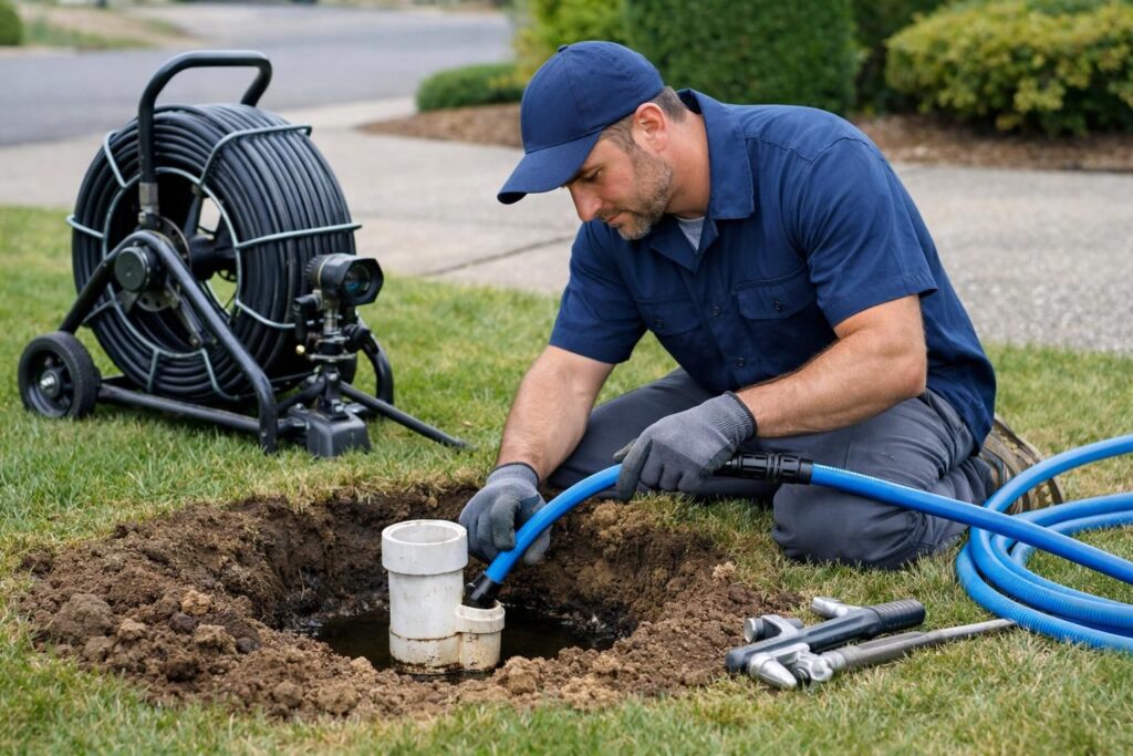 Technician kneeling beside open sewer cleanout with blue hose