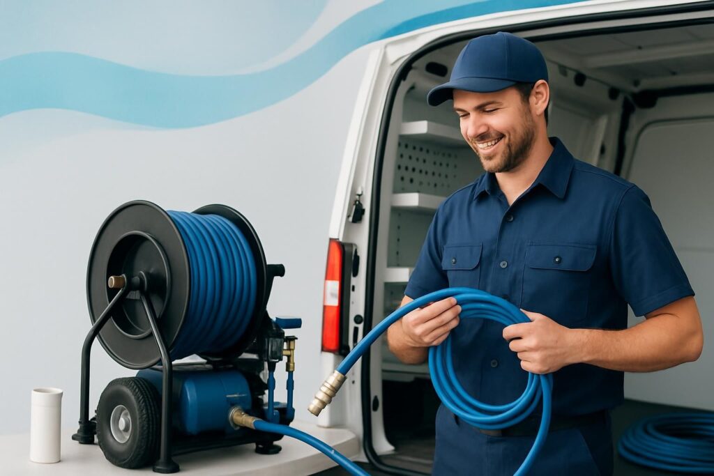 Technician holding blue hose beside hydro jetting machine