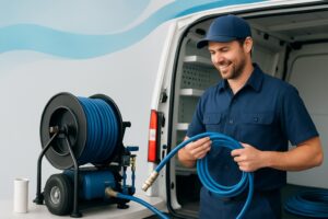 Technician holding blue hose beside hydro jetting machine