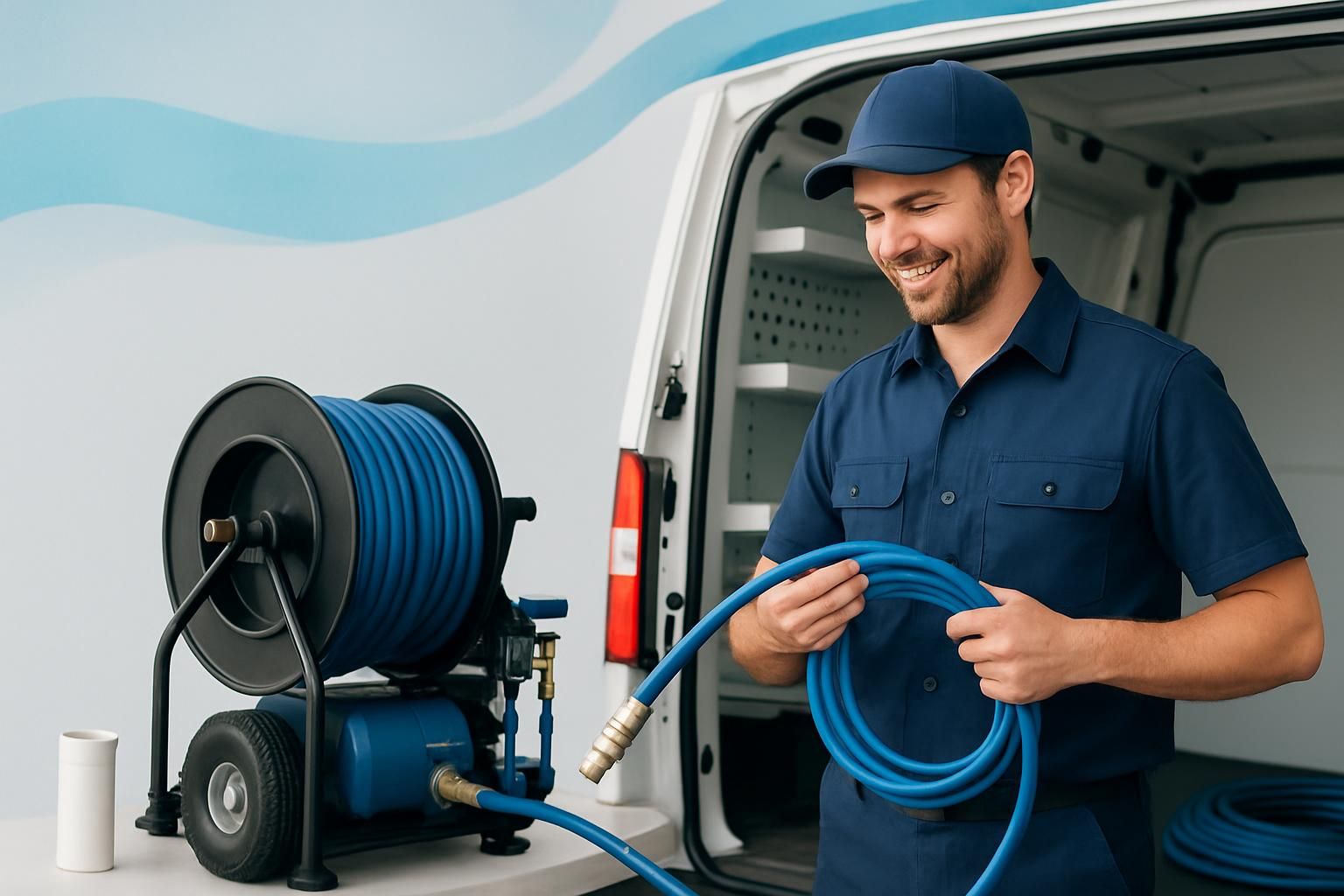 Technician holding blue hose beside hydro jetting machine
