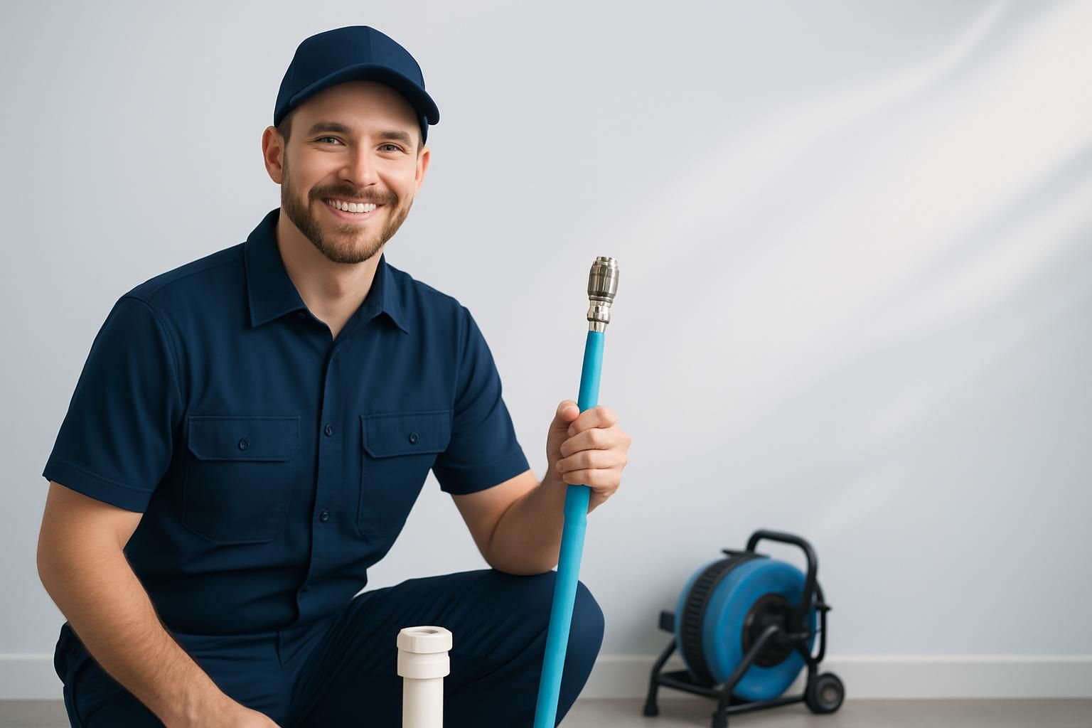 Smiling plumber holding blue hose beside drain snake machine