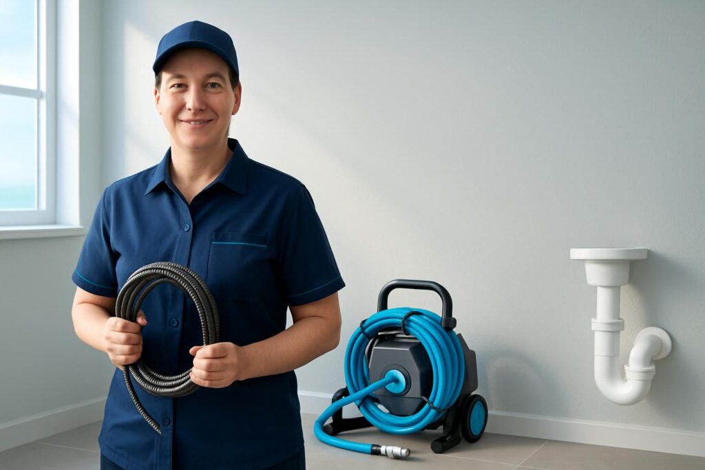 Plumber holding coiled drain snake beside blue hose reel
