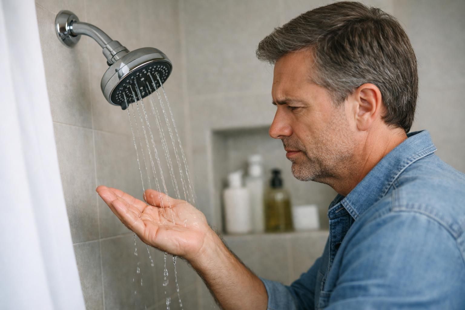 Man checking weak water flow from showerhead