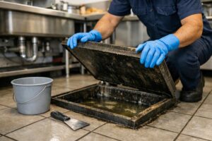 Worker in blue gloves lifting greasy floor drain cover