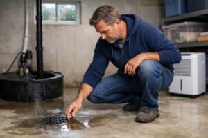 Man kneeling by basement floor drain with water puddle