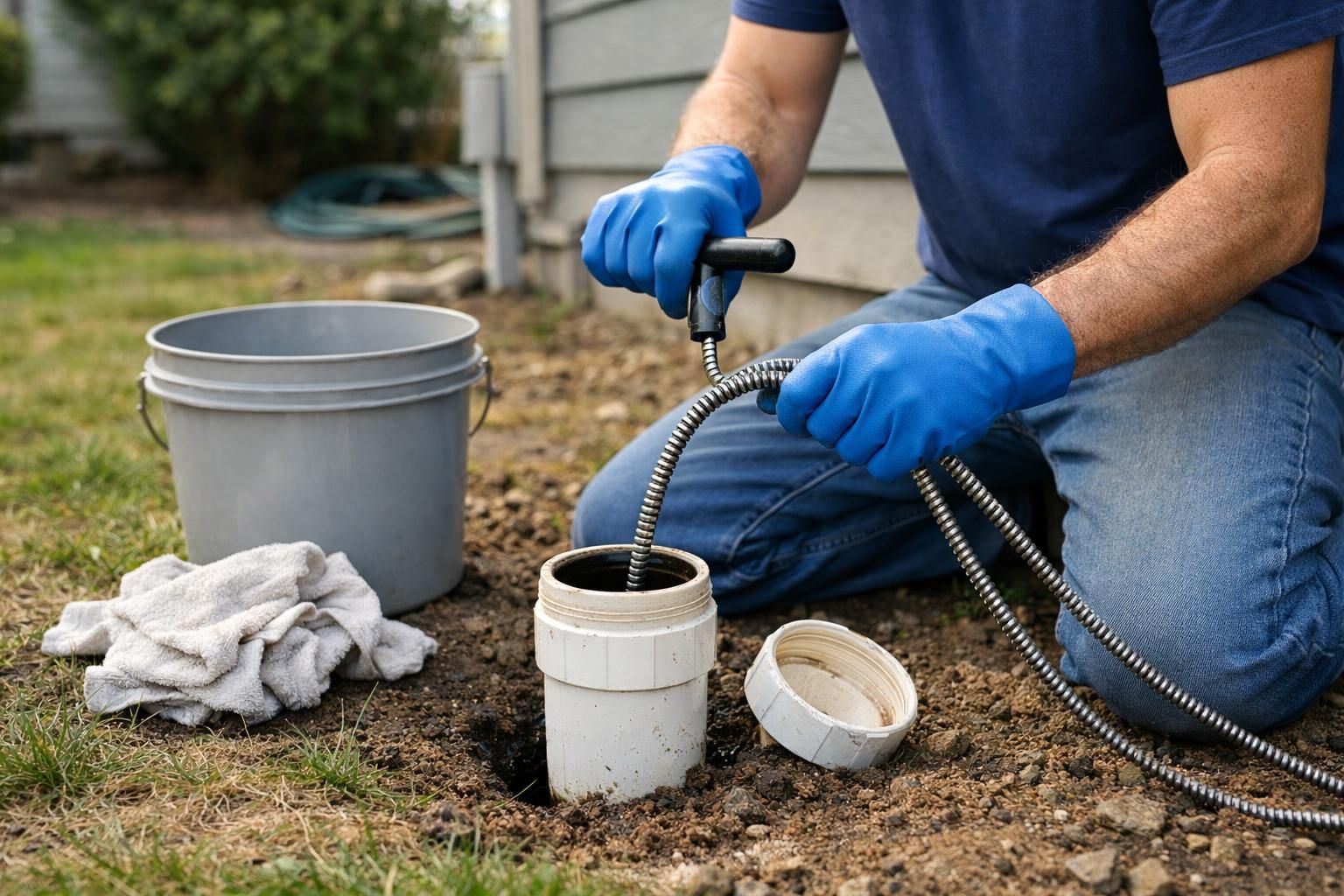 Person in blue gloves using drain snake in cleanout pipe