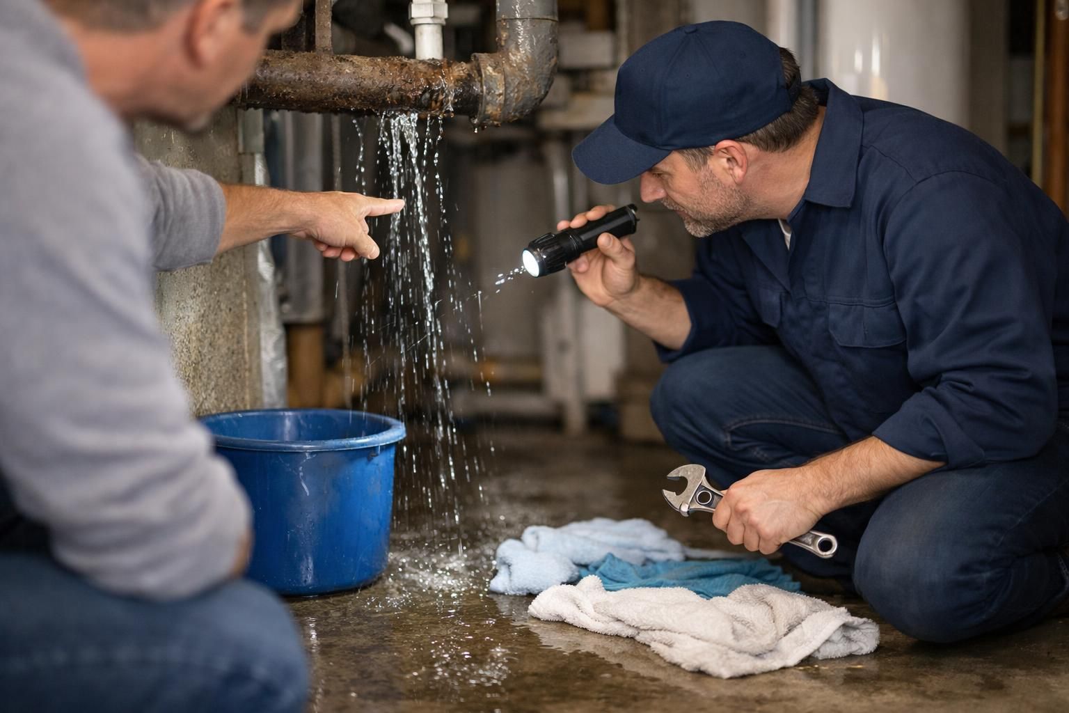 Plumber with flashlight and wrench inspecting leaking pipe