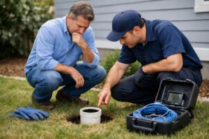 Two men inspecting open sewer cleanout with camera equipment