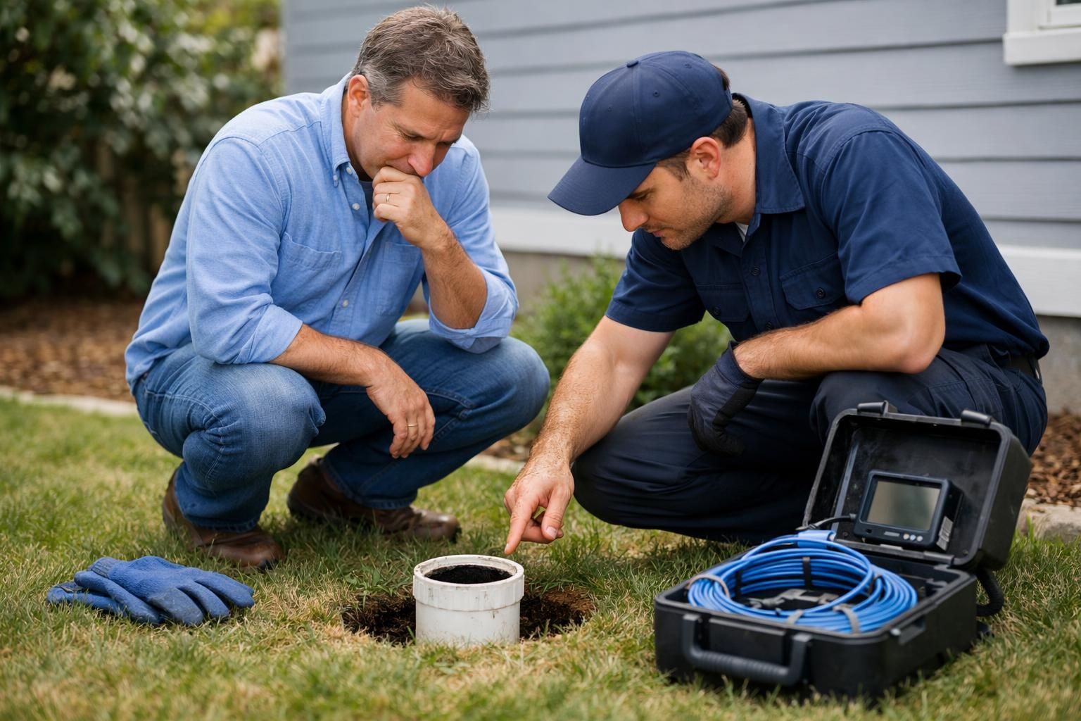 Two men inspecting open sewer cleanout with camera equipment