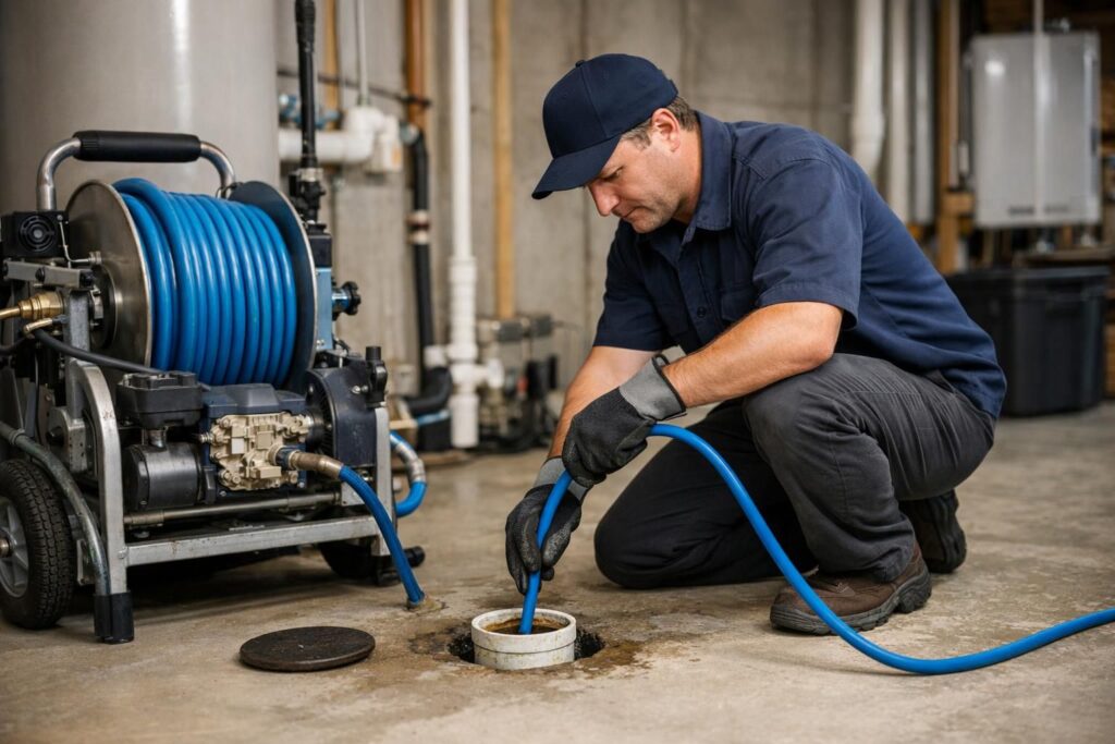 Worker kneeling, feeding blue hose into floor drain
