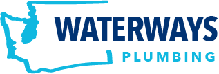 Blue logo with outline of Washington state and WATERWAYS PLUMBING text.