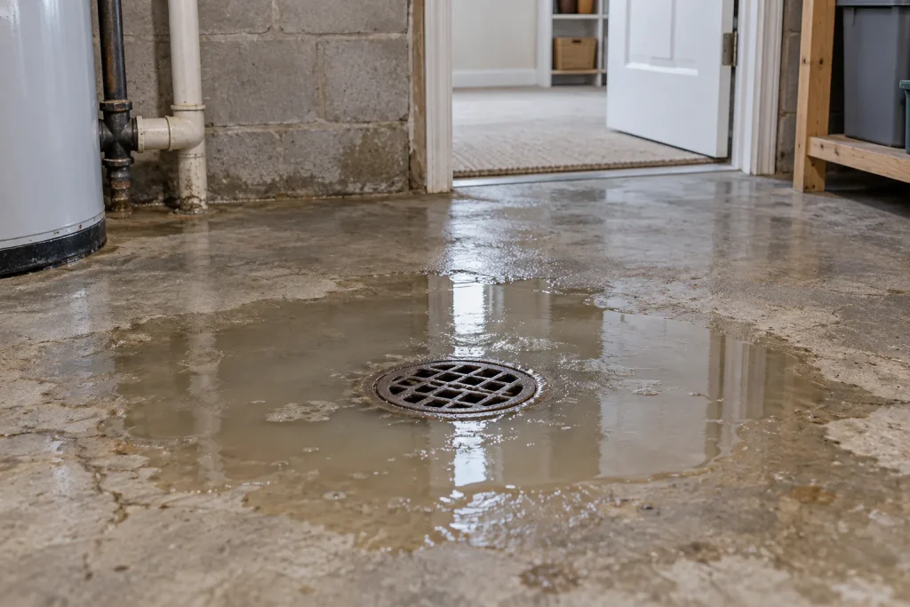 Illustration of shallow water around a basement floor drain.