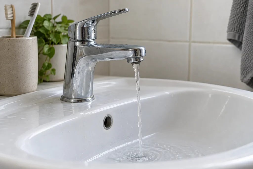 Illustration of a weak stream from a bathroom faucet.