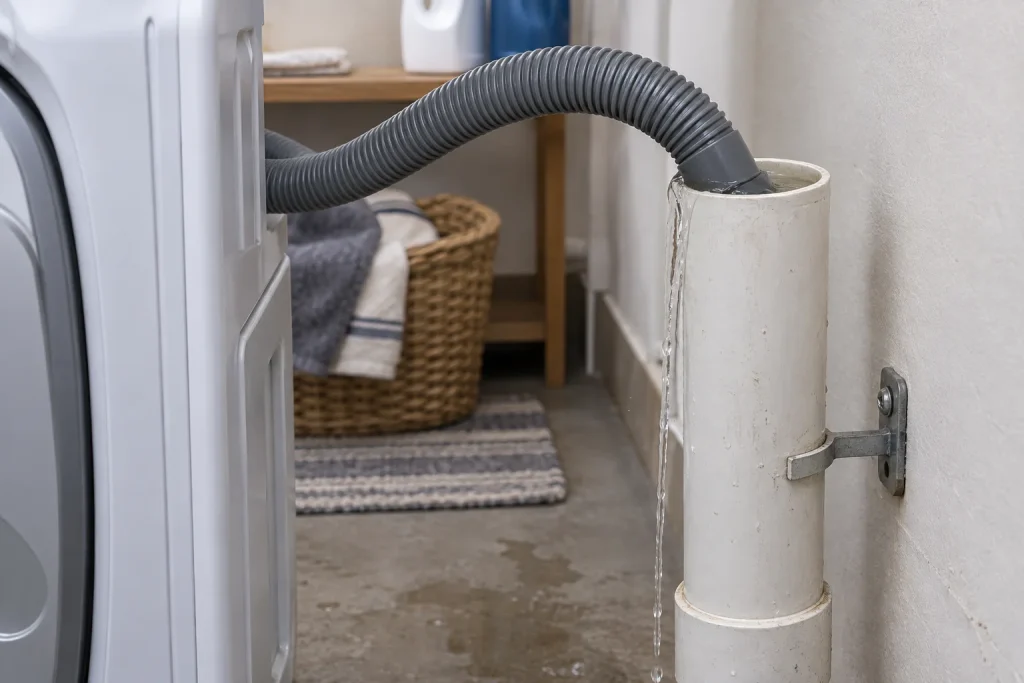 Illustration of a washing machine drain hose at a laundry standpipe.