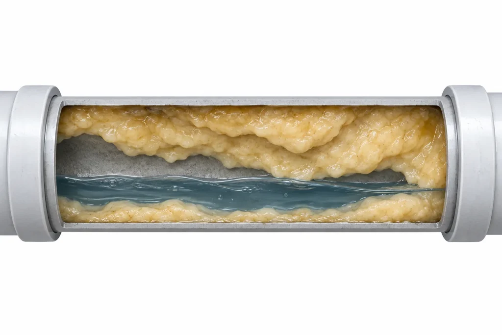 Conceptual illustration of grease buildup inside a drain pipe.