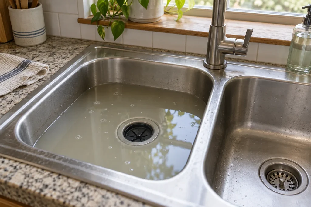 Illustration of cloudy water backing up in one basin of a kitchen sink.