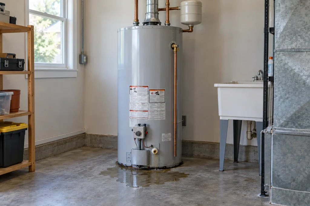 Illustration of a storage water heater with water near its base.