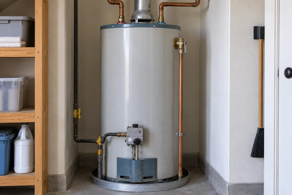 Illustration of a residential storage water heater.