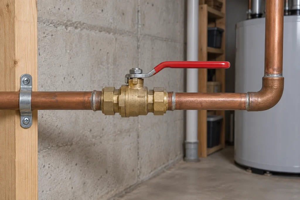 Illustration of a lever-style main water shutoff valve.